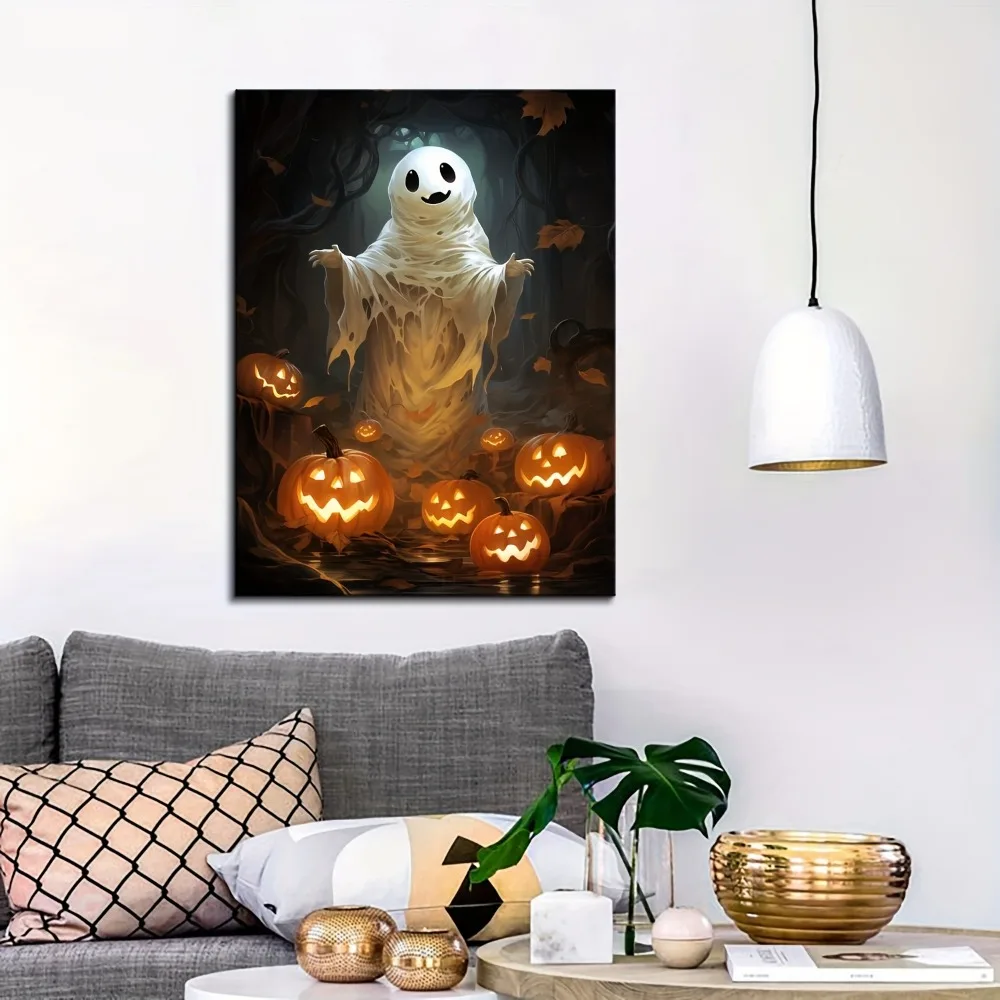 1,5 inch massief houten frame, Halloween-pompoenspookwanddecoratie, hangende afbeelding voor huis- en slaapzaaldecoratie.