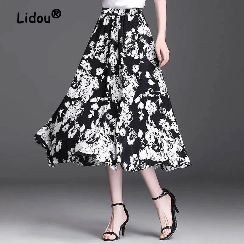 

Elegant Ice Silk Printing A-line Skirt Slim Literature and Art Design High Lady Mid Length Lady Version Large Swing Skirt