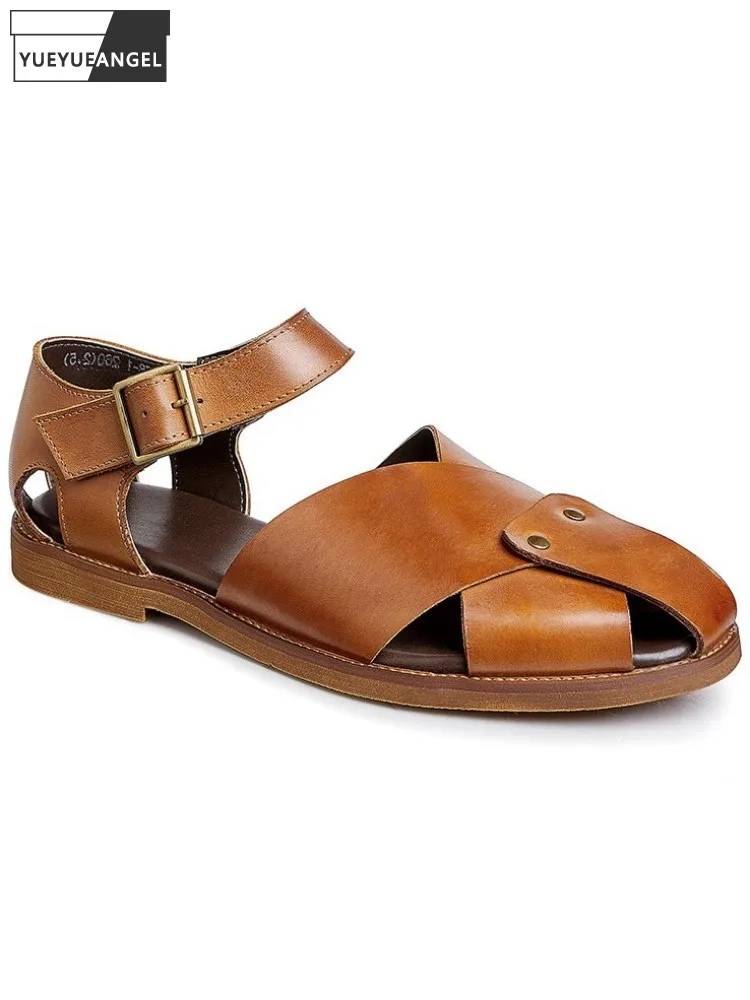 Summer Business Casual Genuine Leather Sandal Men Buckle Strap Baotou Gladiator Sandals Solid Color Breathable Beach Shoes