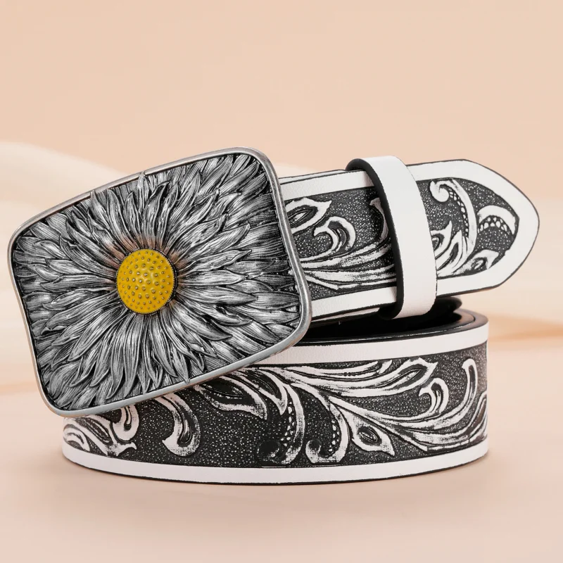 Dames Mode Riem Verzilverde Zonnebloem Ingelegde Strass Riem Denim Reliëf Vintage Riem Designer Riem Luxe