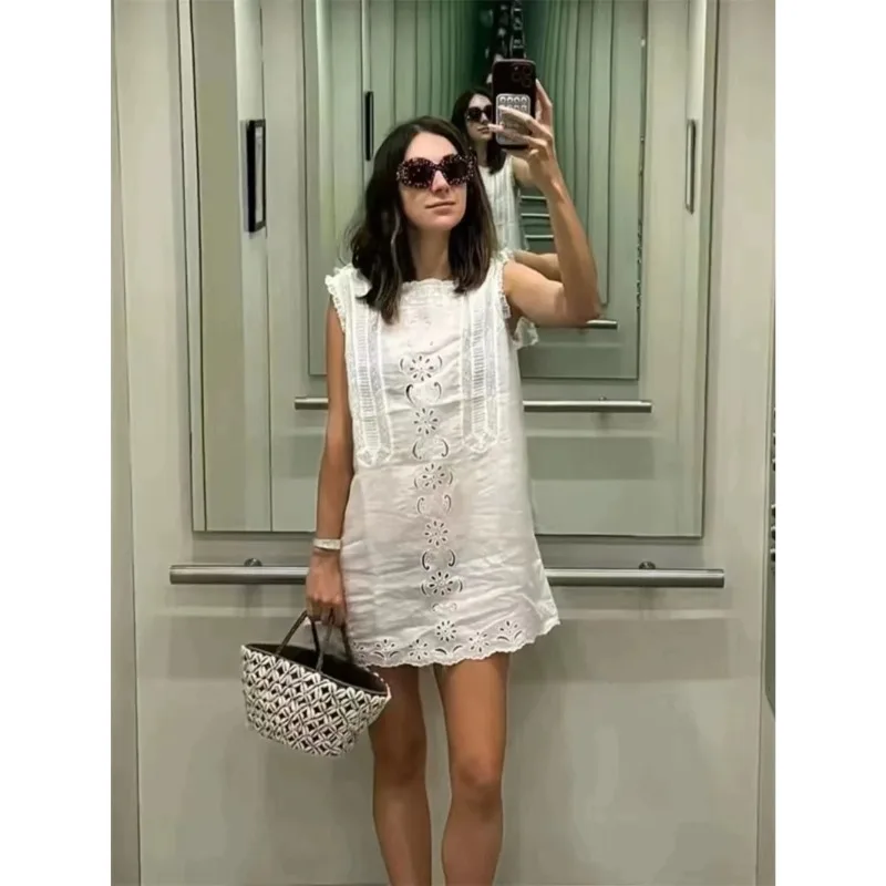 Linen Cotton Blend Women Lace Mini Dress Sleeveless Embroidery White A-Line O-Neck Casual Ladies Summer Tank Dress