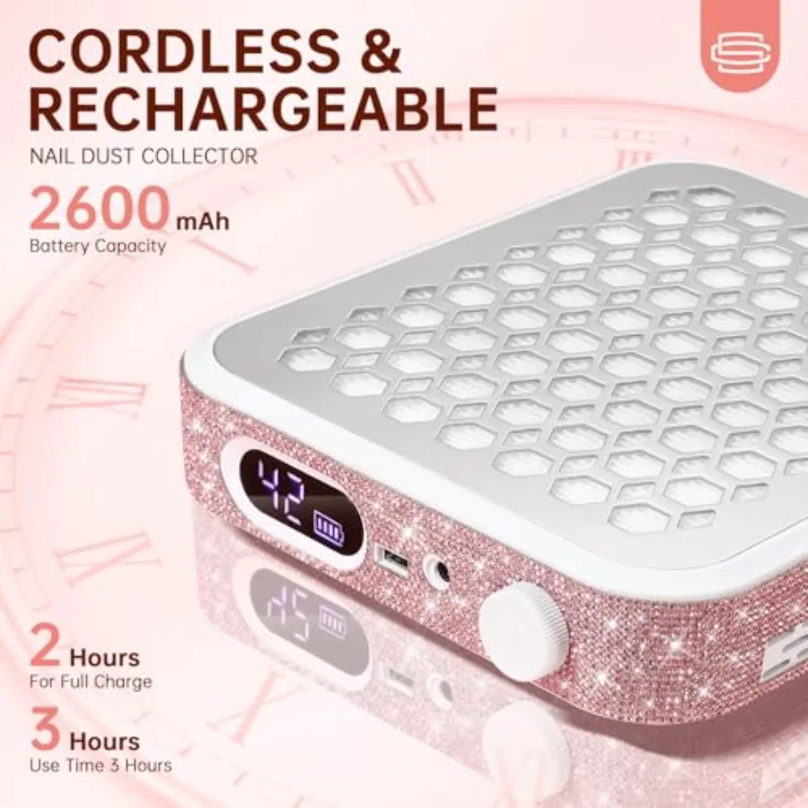 Rechargeable Nail Dust Collector with Powerful Vacuum Fan for Acrylic Nails Polishing Pink Ideal for Nail Salon and Home Use