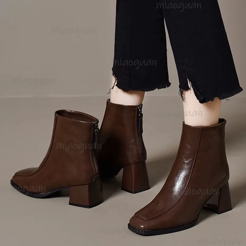 Autumn Brown Women's Short Boots Winter Plush Black Boots for Women Elegant Square Toe Back Zip Botines 35-40 Bottes Femmes