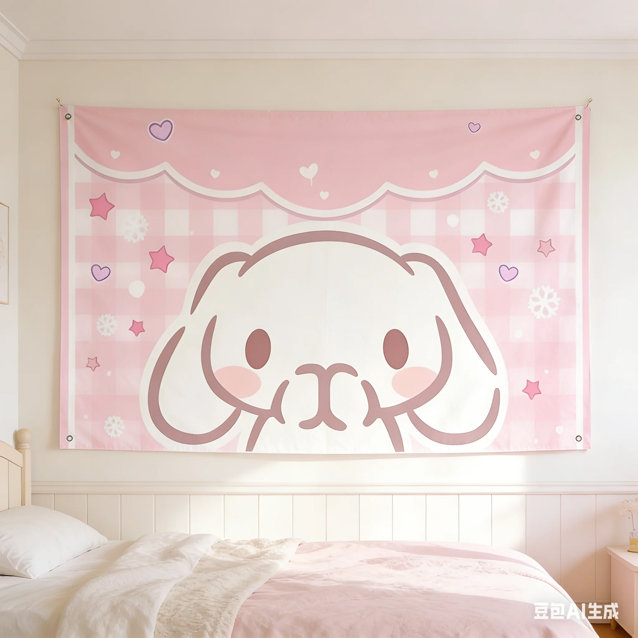 1 Stück Kawaii Rosa Hasen-Wandteppich 2D Polyester Wandbehang Niedliches Kaninchen Herz Stern Deko für Schlafzimmer Wohnheim Kawaii Geschenk