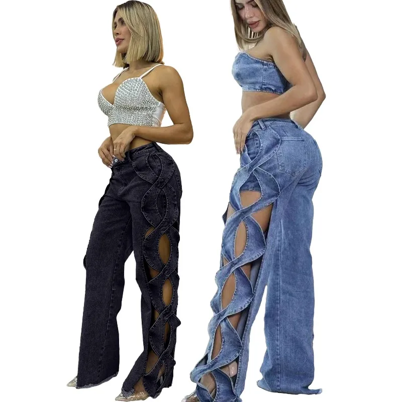 New Women's Personalized Side Hollow S Line Jeans Spring Summer Splicing Denim Trousers Sexy Female Casual Denim Straight Pants