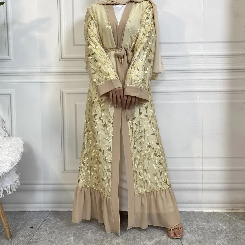 

Eid Ramadan Sequin Embroidery Lace Open Kimono Cardigan Abaya Muslim Women Dresses Turkey Dubai Kaftan Robe Arab Islam Jalabiya