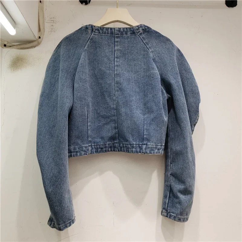 Spring Women Manual Beaded Diamond Blue Short Jeans Jacket Round Collar Puff Sleeve Irregular Single Button Denim Coat Female