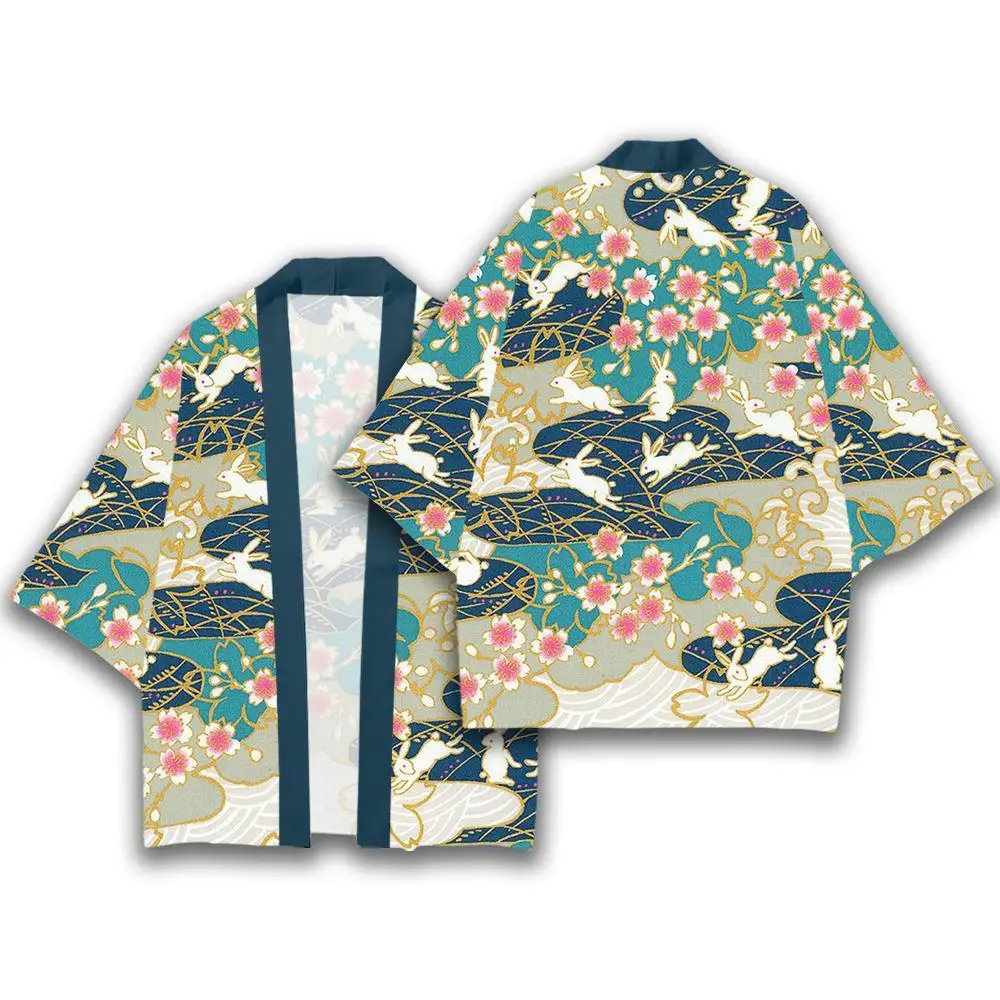 Traditional Wave & Floral Patterns Kimono Vintage Indigo Blue Japanese Style Clothes Unisex Loose Comfortable Casual Cardigan
