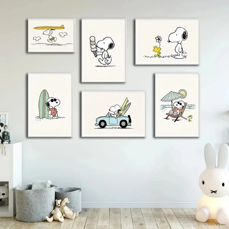 Snoopy Beach Vacation Cartoon Painting Minimalist Nordic Wall Art Surfing Poster Fun Canvas Print Nursery Kid Room Decor Cuadros