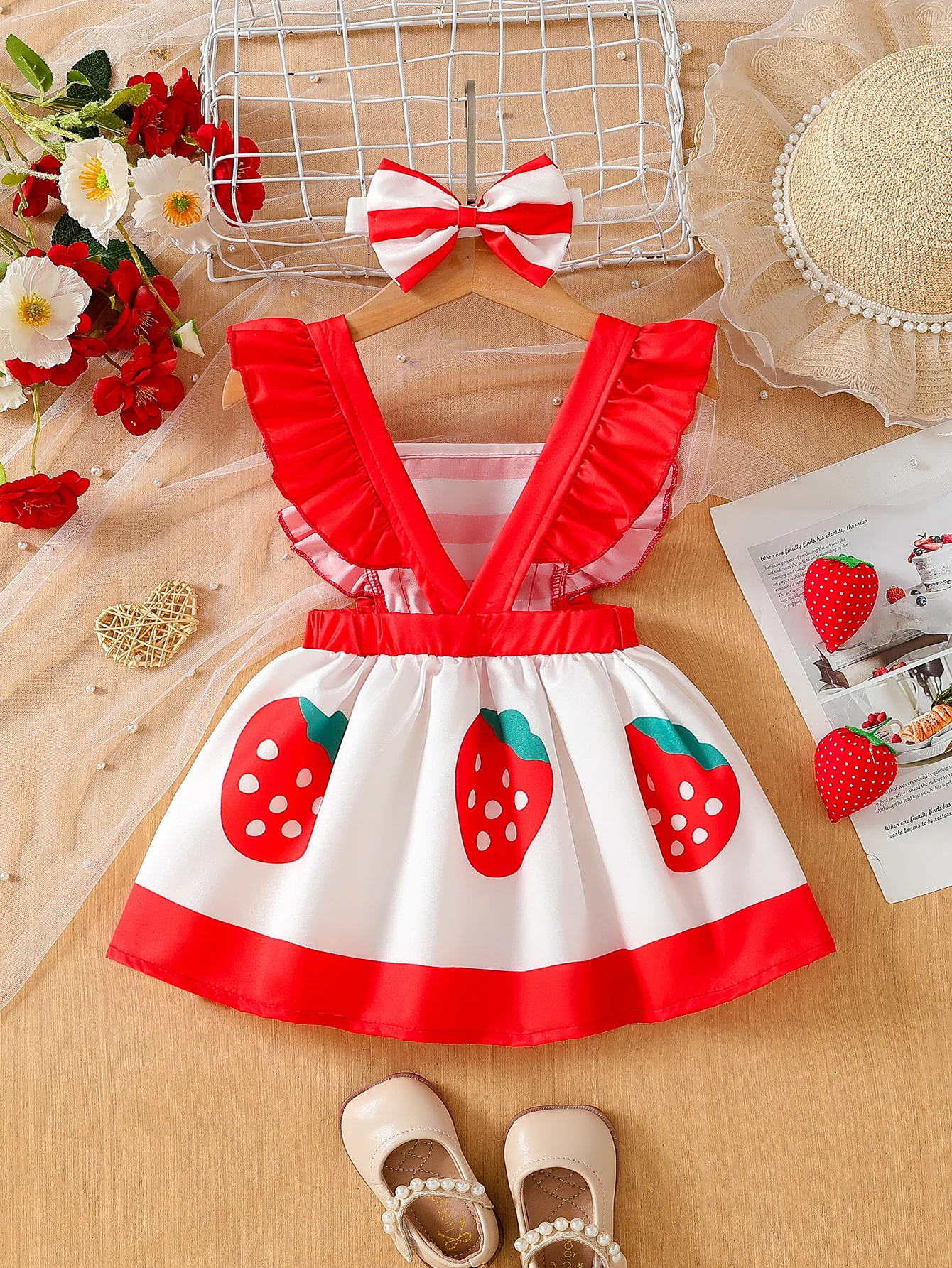 Baby girl's cute and sweet strawberry red striped color blocked dress and headband in summer