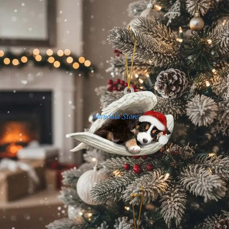 U2JC Angel Dog Car Hanging Ornament Shatterproof Acrylic Christmas Tree Decoration For Festival Tree Wreath Car Interiors
