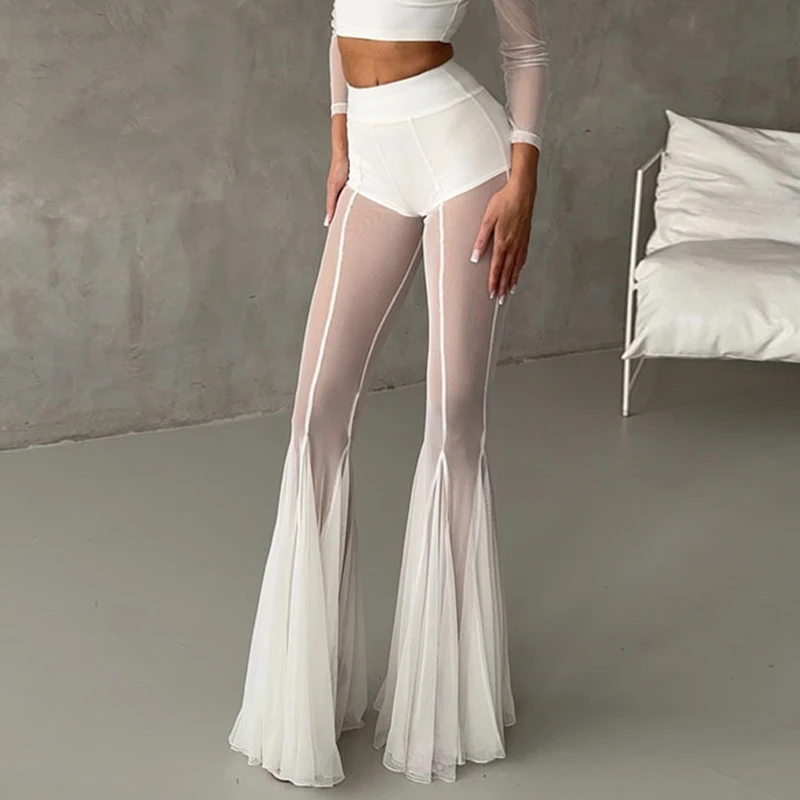 Women Summer Hollow Out Wide Leg Pants Fashion See Through Slim Fit Flared Trousers Lady Elegant Chiffon Mesh Holiday Clubwear