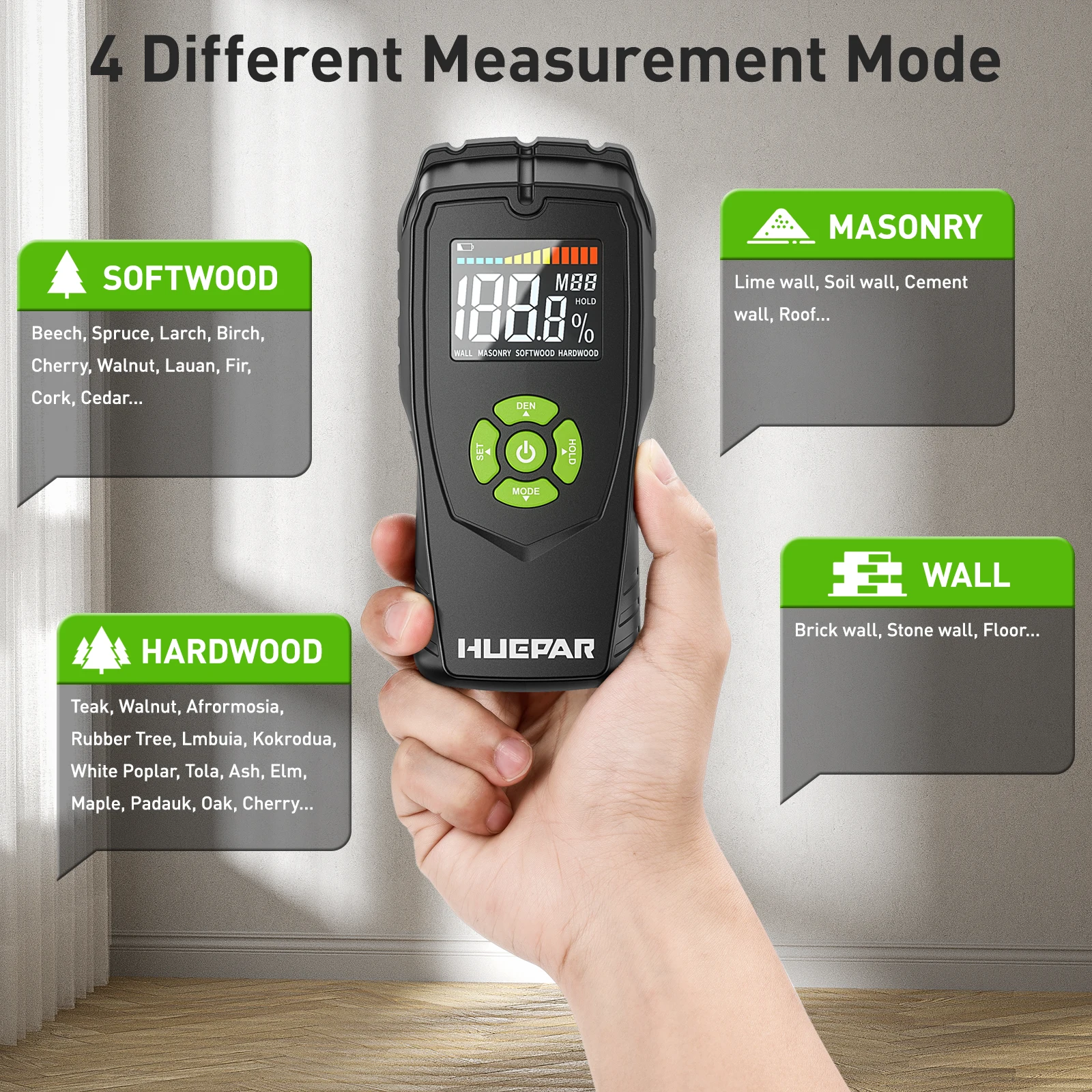 Huepar 4-IN-1 Inductive Moisture Meter Wood Detector Wall Scanner With LCD Display Humidity Sensor Timber Hygrometer Detect Tool