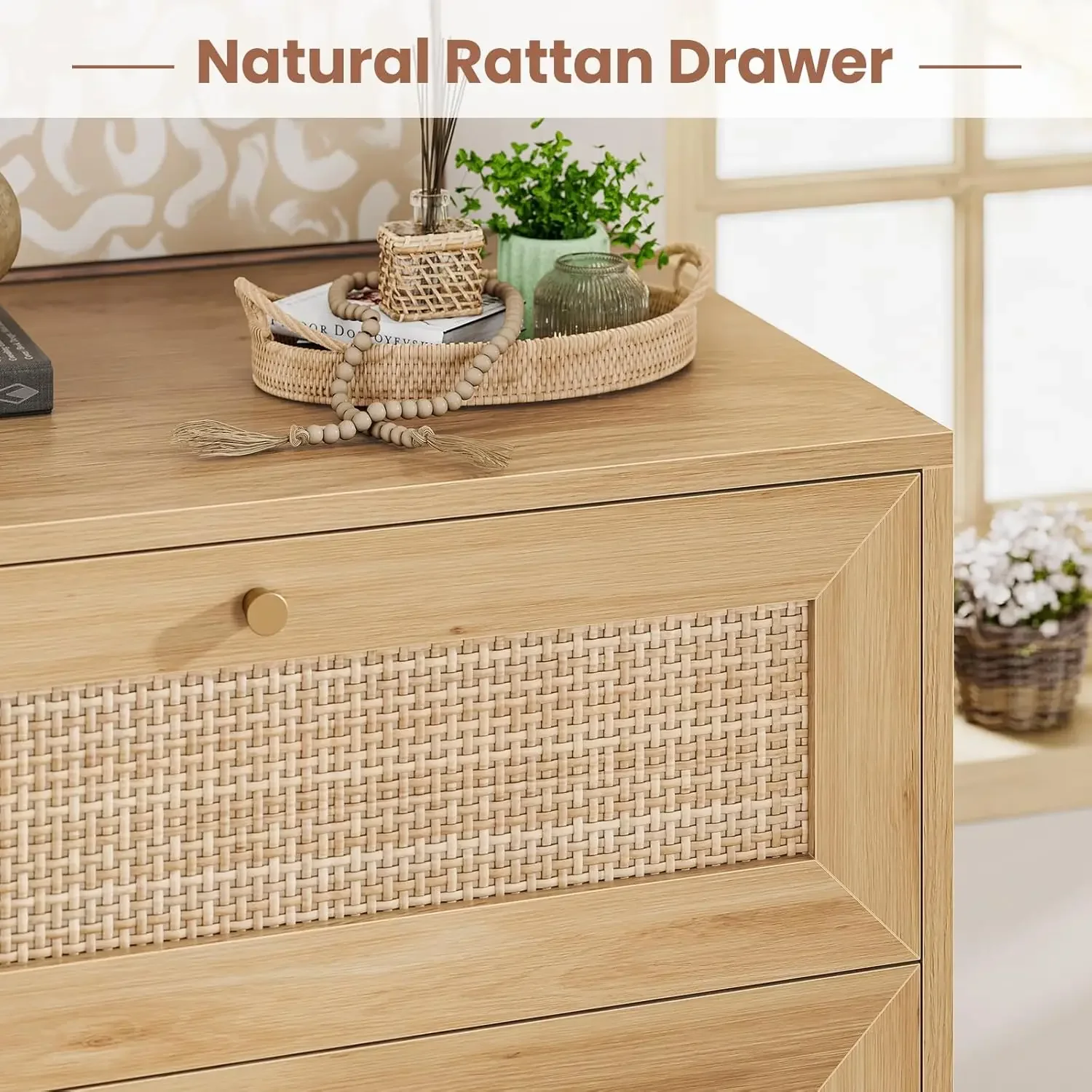 [한정 재고! 충전 스테이션이 있는 라탄 나이트스탠드 2개 세트, 3개의 대형 위커 장식 서랍이 있는 천연 라탄 나이트스탠드