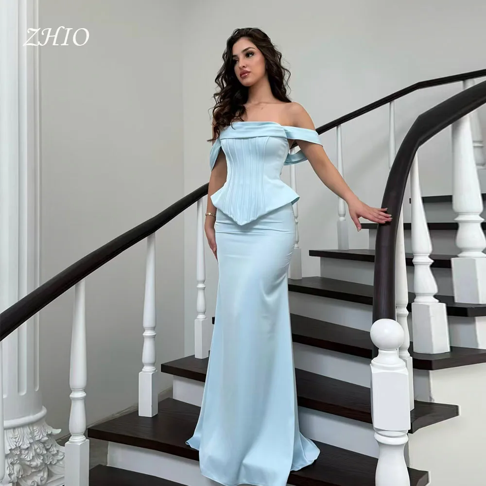 ZHIO Clssic Abito da sera a sirena blu con spalle scoperte a strati lunghezza pavimento in raso occasione speciale abito da ballo formale per feste personalizzato