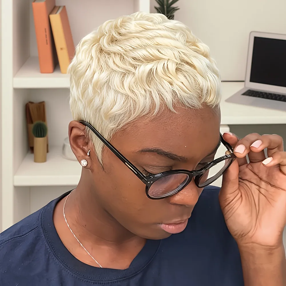 

Парик с стрижкой пикси, короткие прямые многослойные 4-дюймовые пикси, короткая стрижка, парики из человеческих волос, парики блондинного цвета для женщин, парики машинного производства