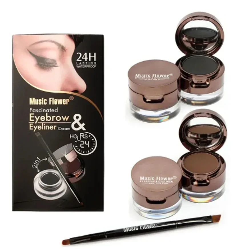 Music Flower Make up 4in1 Brown + Black Eye liner Brow Gel With Brush Makeup Eyeliner Eyebrow Kit Set Powder Waterproof Cosmetic