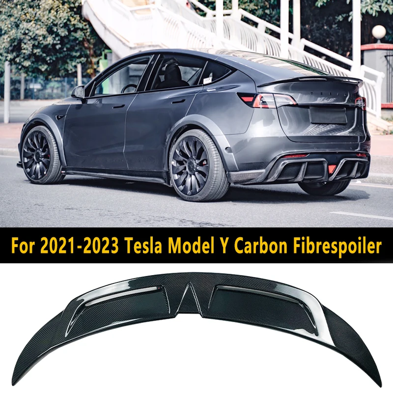 For 2023 21 22 Tesla Model Y Trunk Lid Carbon Fiber Sports Spoiler Wing Car Tailgate Body Kit Punch Free Installation Accessorie