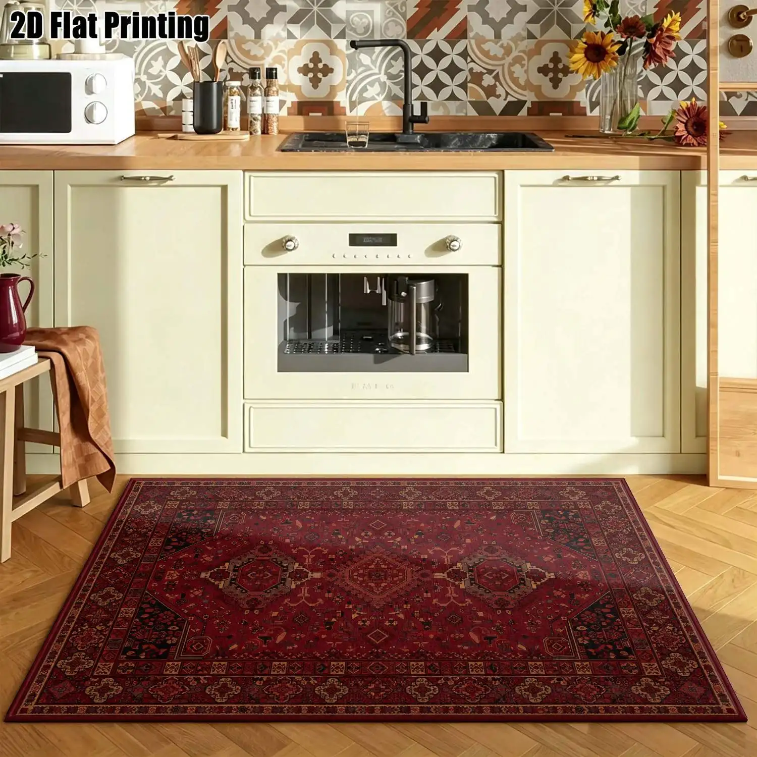 1Pc 2D Printed Retro Red-Brown Geometric Pattern Carpet: European Vintage, Bohemian Style, Home Decor, Multi-Size, Machine Washable, Suitable for Living Room, Bedroom, Dining Room, Entrance and Study
