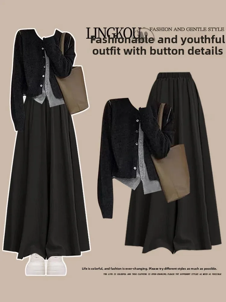 Elegant plus Size Spring Autumn Casual High Waist Slimming Women's Knitted Set High Waist Wide Leg Pants Two Piece Set