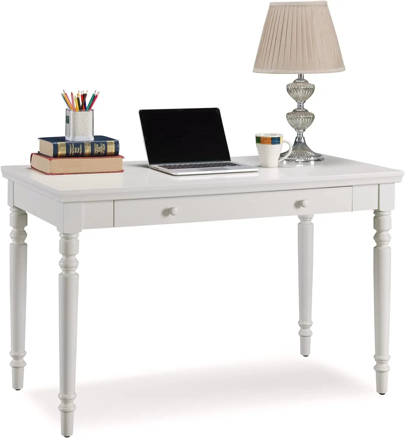 Cottage White Turned leg Laptop Desk with Center Drawer, White