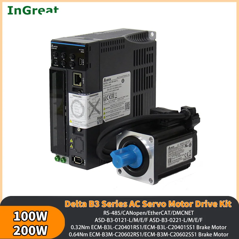 

Delta B3 100W/200W AC Servo Motor Drive Kit ECM-B3L-C20401RS1/SS1 ASD-B3-0121-L/M/F/E CANopen DMCNET EtherCAT RS485 0.32/0.64Nm