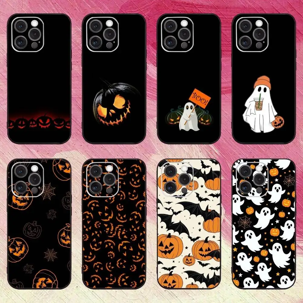 

Halloween Pumpkin and Spooky Phone Case For iPhone17,16,15,14,13,12,11 Plus,Pro Max Soft Black Cover