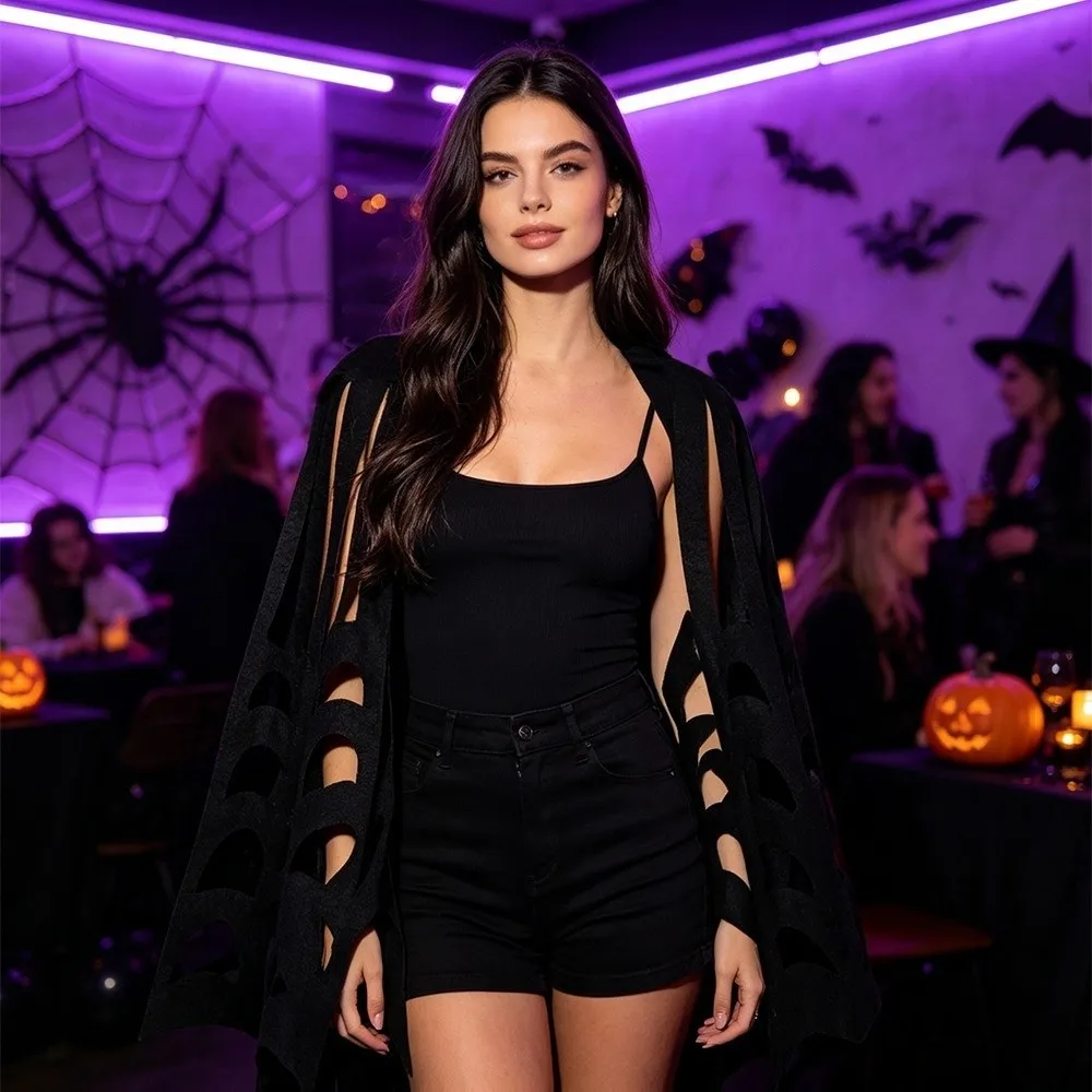 Warrior Cloak Solid Color Halloween Cape Hollow Out Felt Material Spiderweb Shawl Mesh Texture Adult Size Costume Cape Dress Up