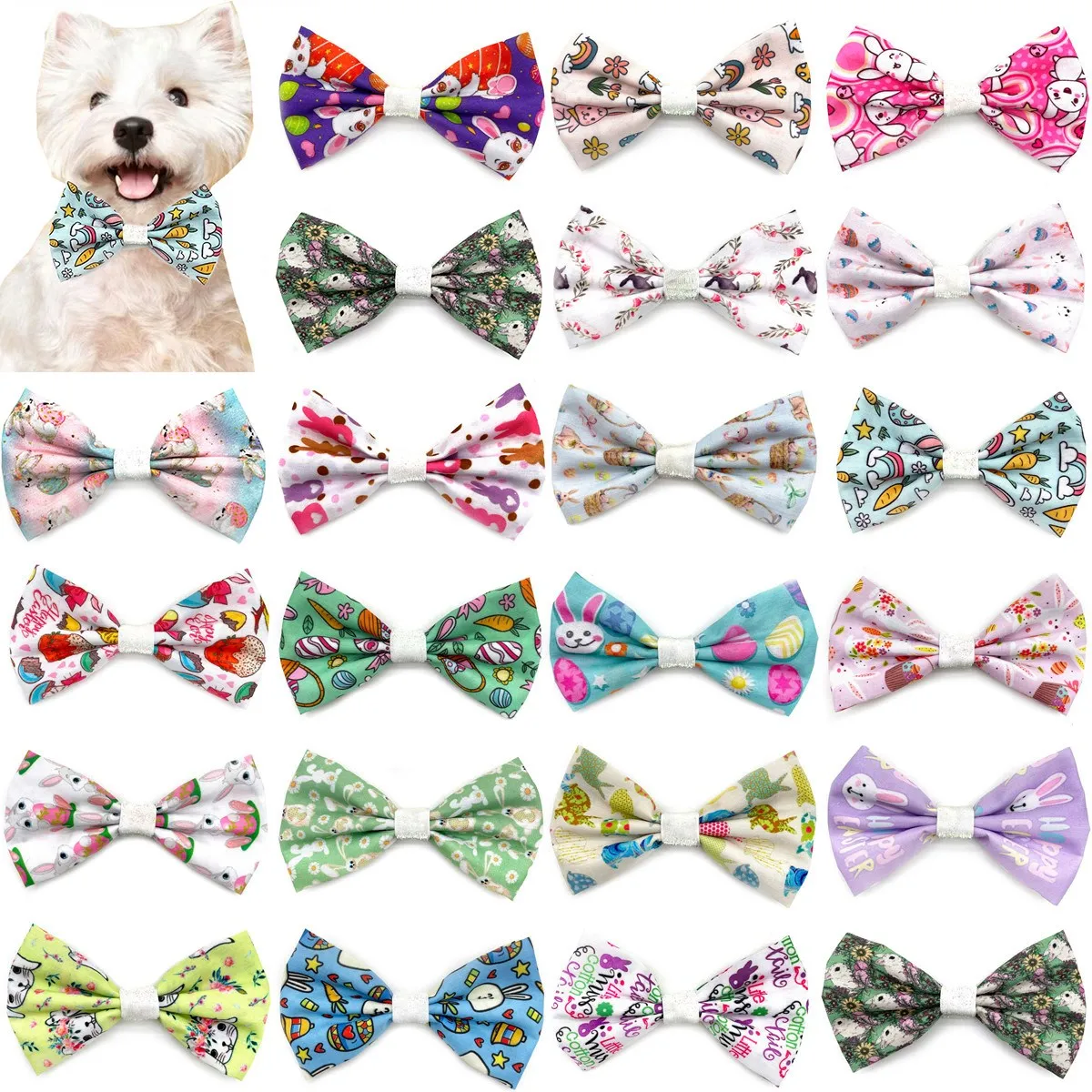 

50/100pcs Easter Dog Bowties Slidable Dog Collar Pet Dog Ties Hook and Loop Fasteners Rabbit Eggs Style Bows Pet Dog Accessories