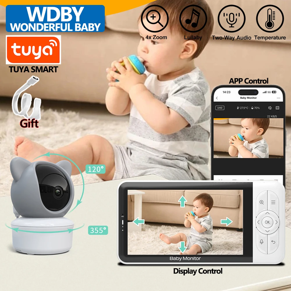 

5-дюймовый видеоняня с PTZ-камерой, 4-кратным зумом, управлением через мобильное приложение и пультом ДУ, двусторонняя аудиосвязь, умное видеонаблюдение TUYA для детей