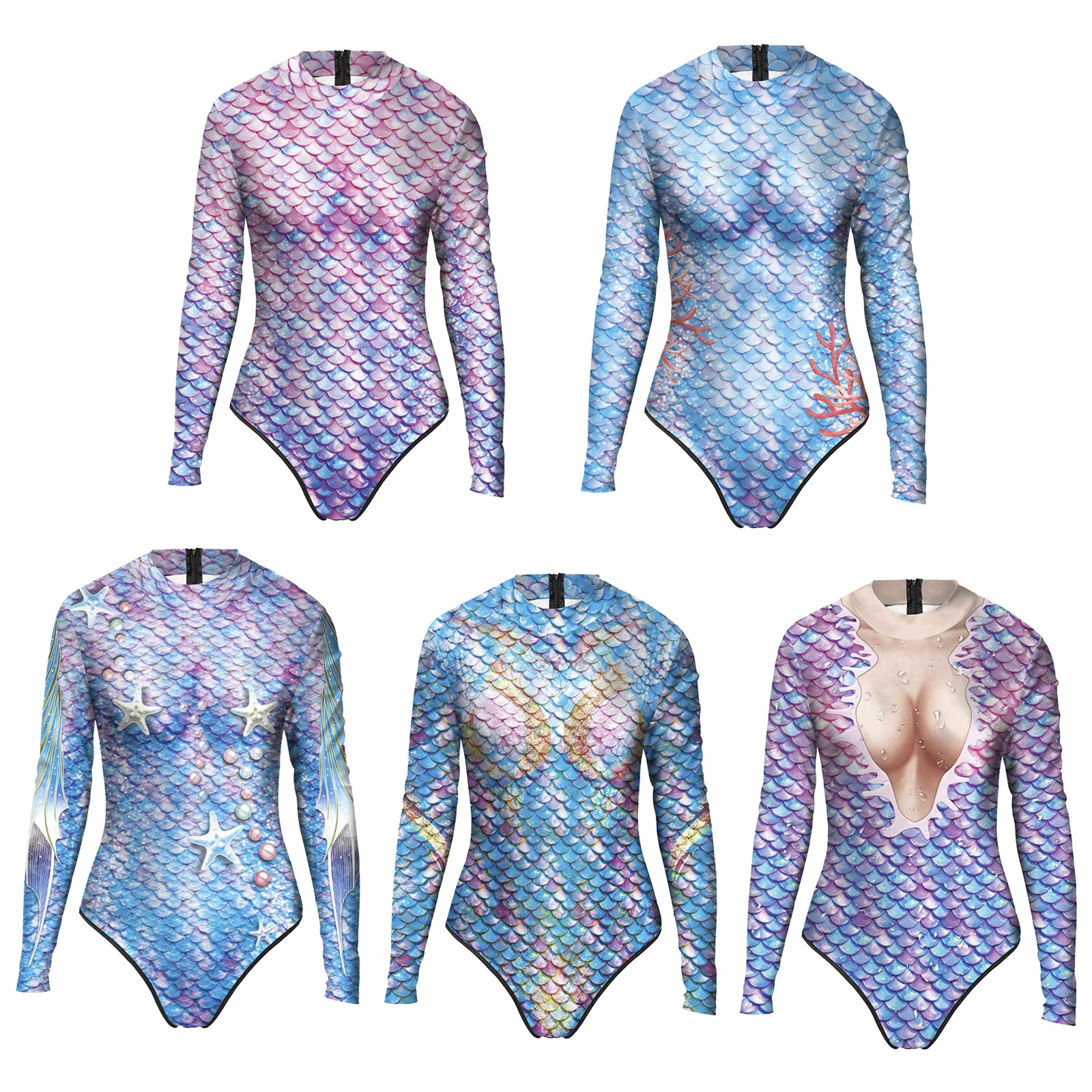 Women Quick-dry UPF 50+ Mermaid Swimsuit Rash Guard Wetsuit Long Sleeve Fish Scale Print Zipper Bodysuit Swimwear Bathing Suit
