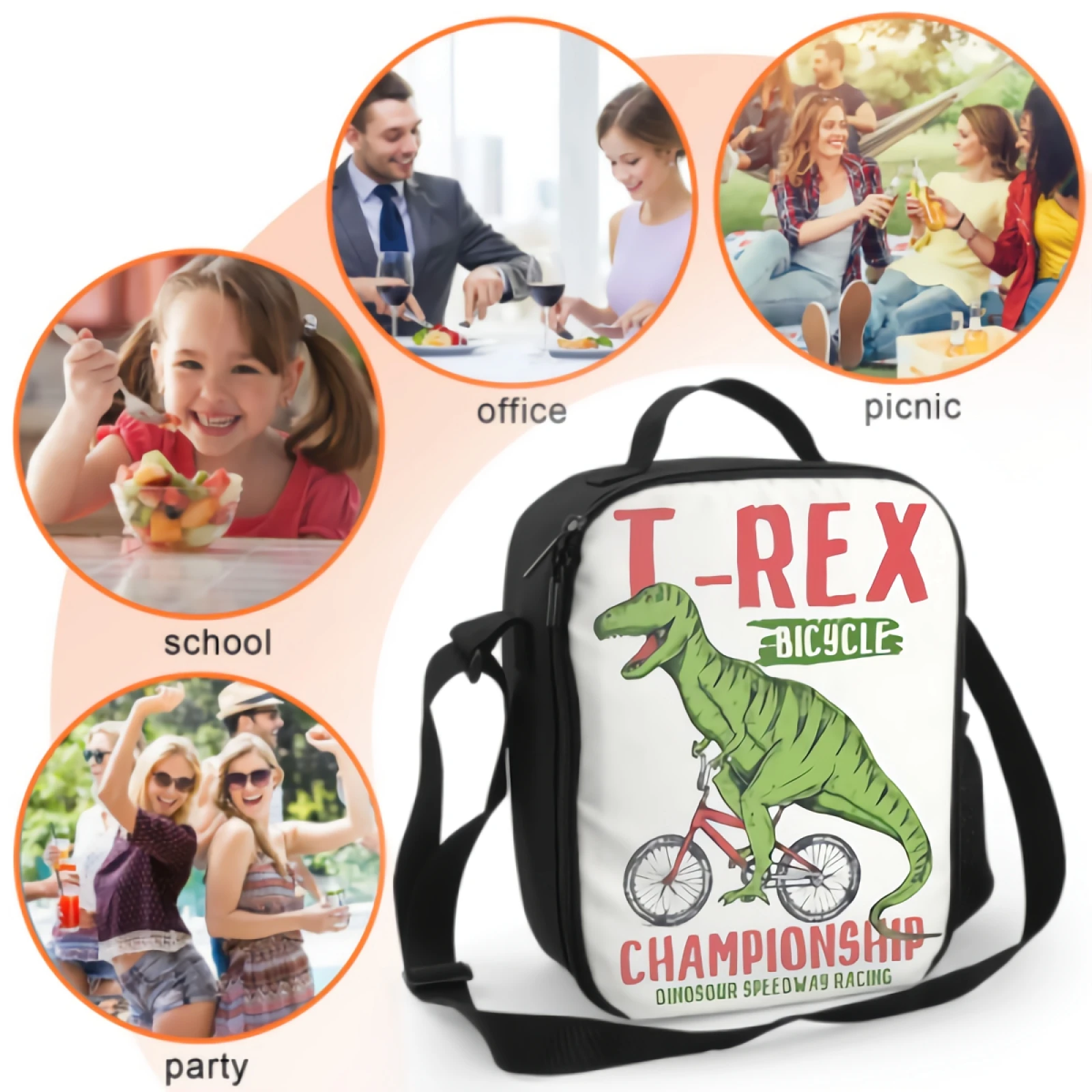 3D Dinosaur Illustration Insulated Lunch Box borsa termica divertente Dinosaur Bicycle Lunch Container per Office School Picnic Travel