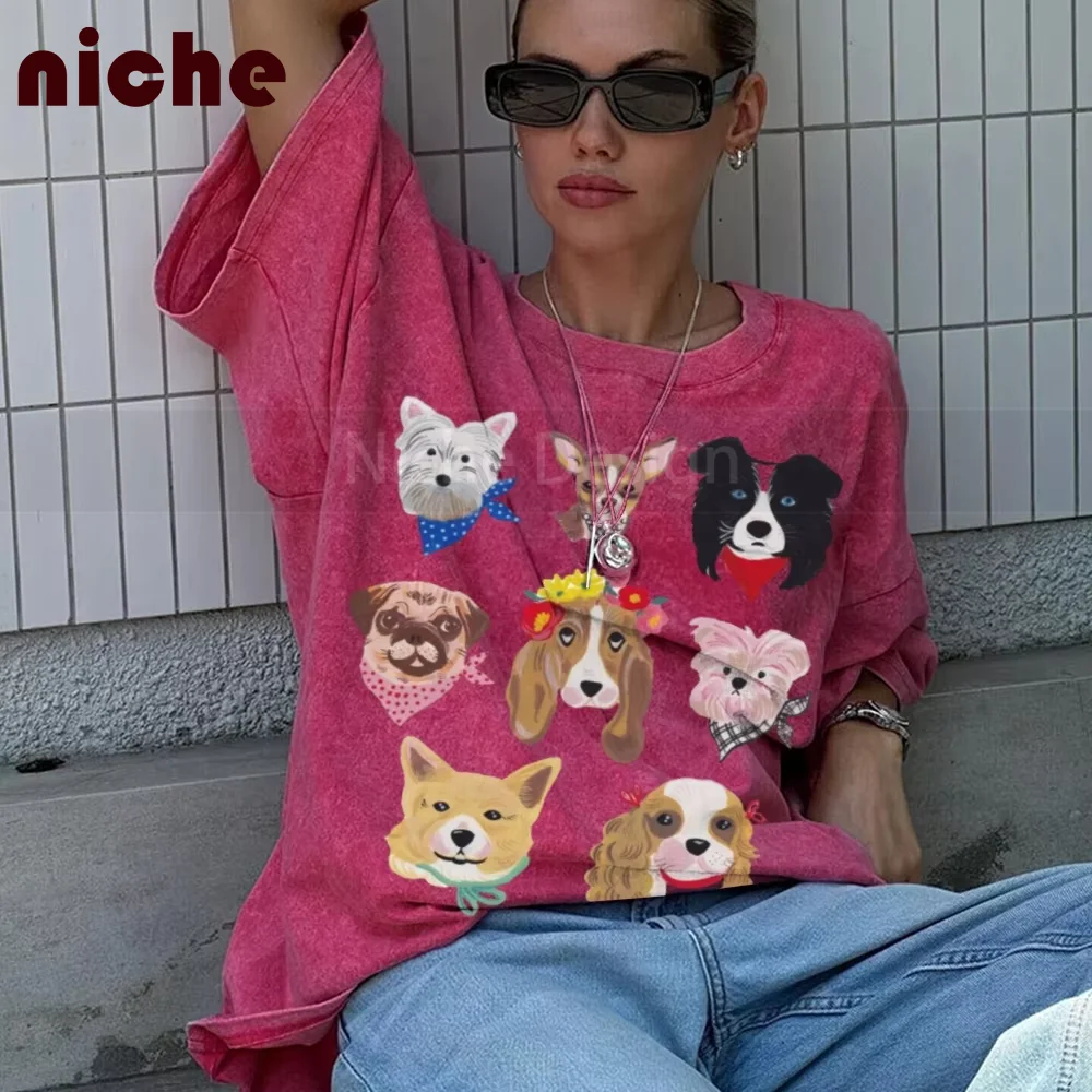

Retro Washed Women's T-Shirt High Quality Dog Friend Printed Loose Round Neck T-Shirt Soft Cotton Casual Gift Custom Top to Wear