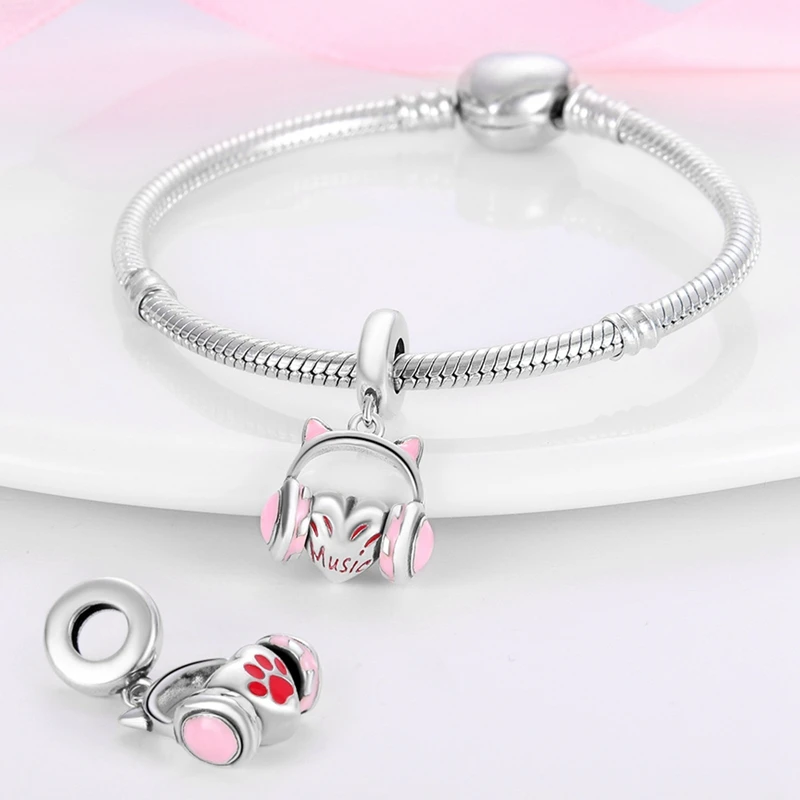 925 Silver Charm Music Notes Headset Beads Pendent Dangle Fit Original Bangle Charms Bracelet Necklace Fine DIY Jewelry Gift