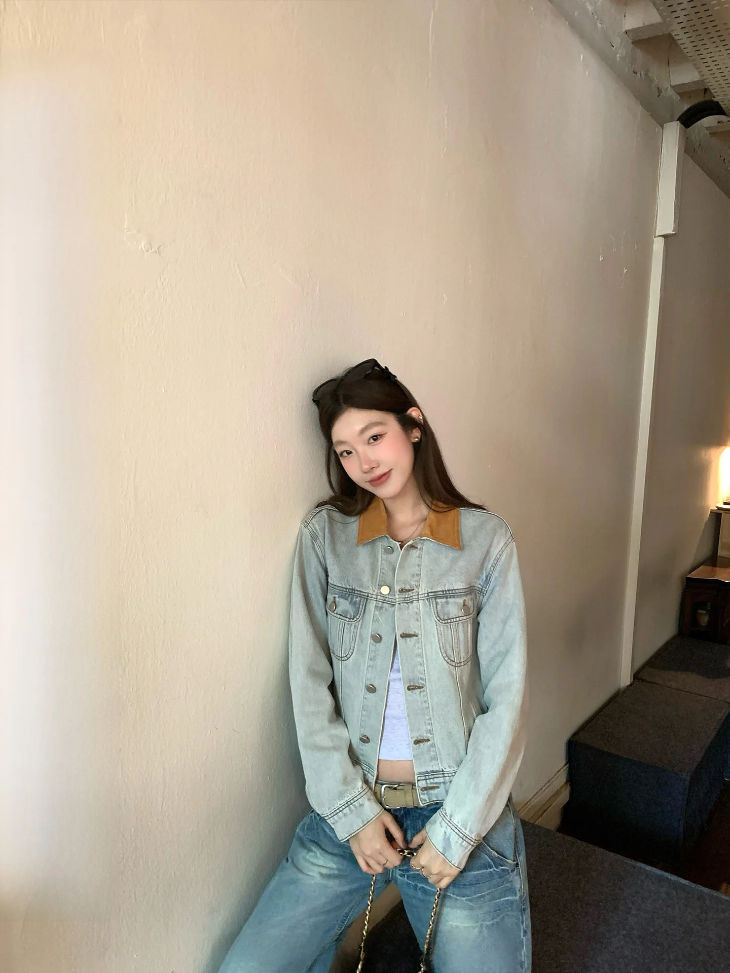 

Ranwear Modern Spring Color Block Collar Metal Buckle Micro Oversized Short Denim Jacket Women's Commute Style Cotton Blend