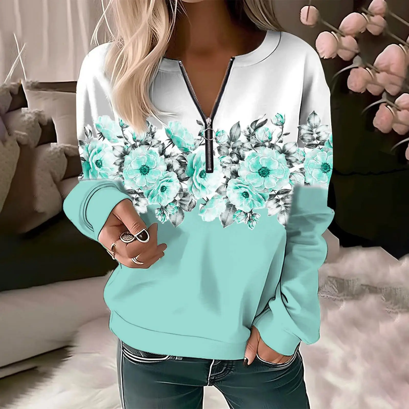 

Женский пуловер с круглым вырезом на молнии, желтый, красный, синий, топы с длинными рукавами и цветочным принтом, уличный повседневный свитшот, осень-зима