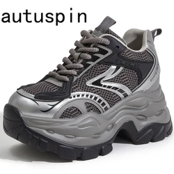 AUTUSPIN letnie kobiety wulkanizują buty oddychające siatka powietrzna patchworkowe damskie Grey Sneakers Outdoor Cross wiązane damskie sportowe trampki