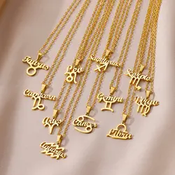 Capricorn Aquarius Aries Necklaces for Women Gold Color 12 Sign Stainless Steel Necklace 2023 Trend Constellation Couple Jewelry