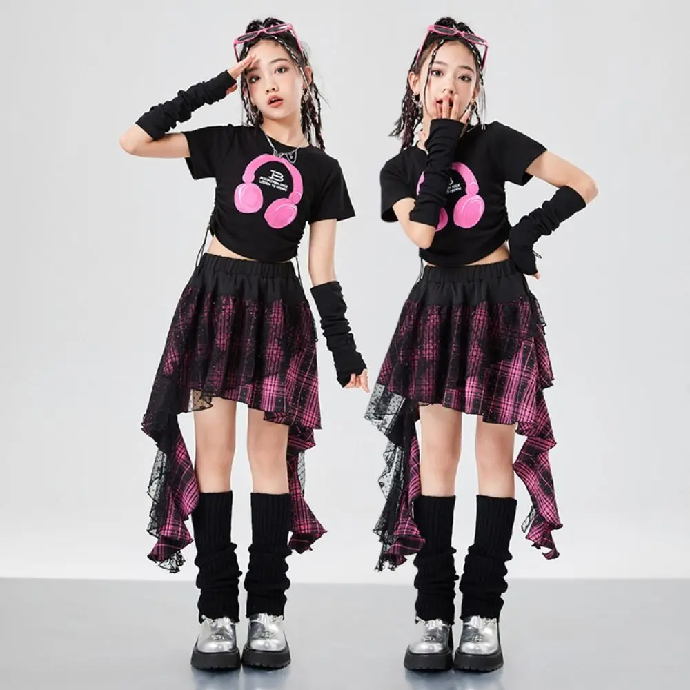

Ins Style Streetwear Girls Hip Hop Clothes Stage Wear Teens Children Dance Costume Jazz Irregular T-shirt Plaid Skirt Set Stage
