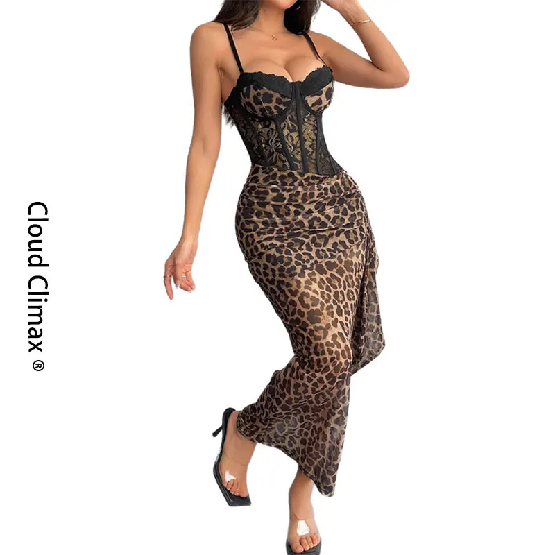 

Dark Brown/Gray Leopard Print Wrap-around Dress Sexy Comfortable Slimming Hot Girl Style Long Romantic Dress Close-fitting