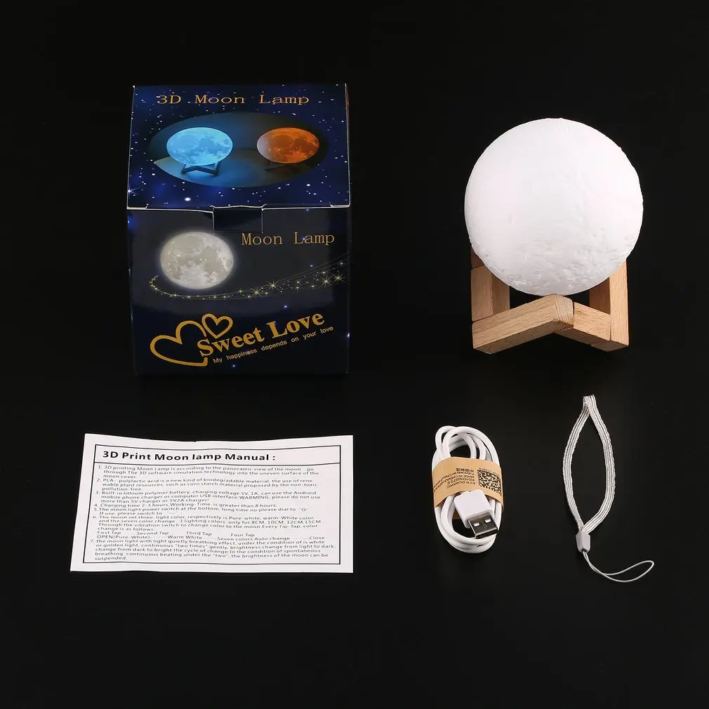 Recarregável LED Moon Lamp, 3D Print, Night Light, Criativo, Interruptor De Toque, Decoração Do Quarto, Presente De Aniversário
