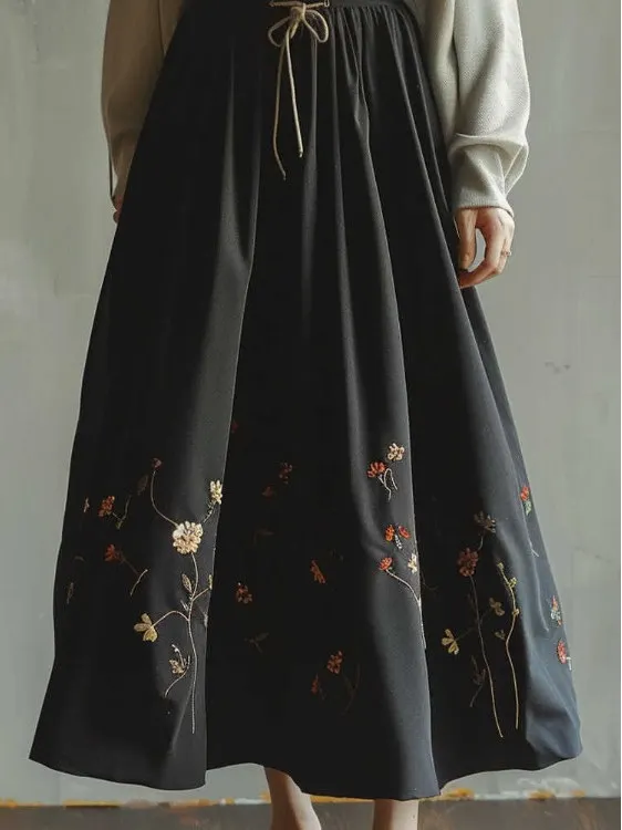 Falda Larga de Estilo Retro con Bordado, Corte en A, Cintura Alta Elástica, Tendencia de Moda Primavera 2025 para Mujer