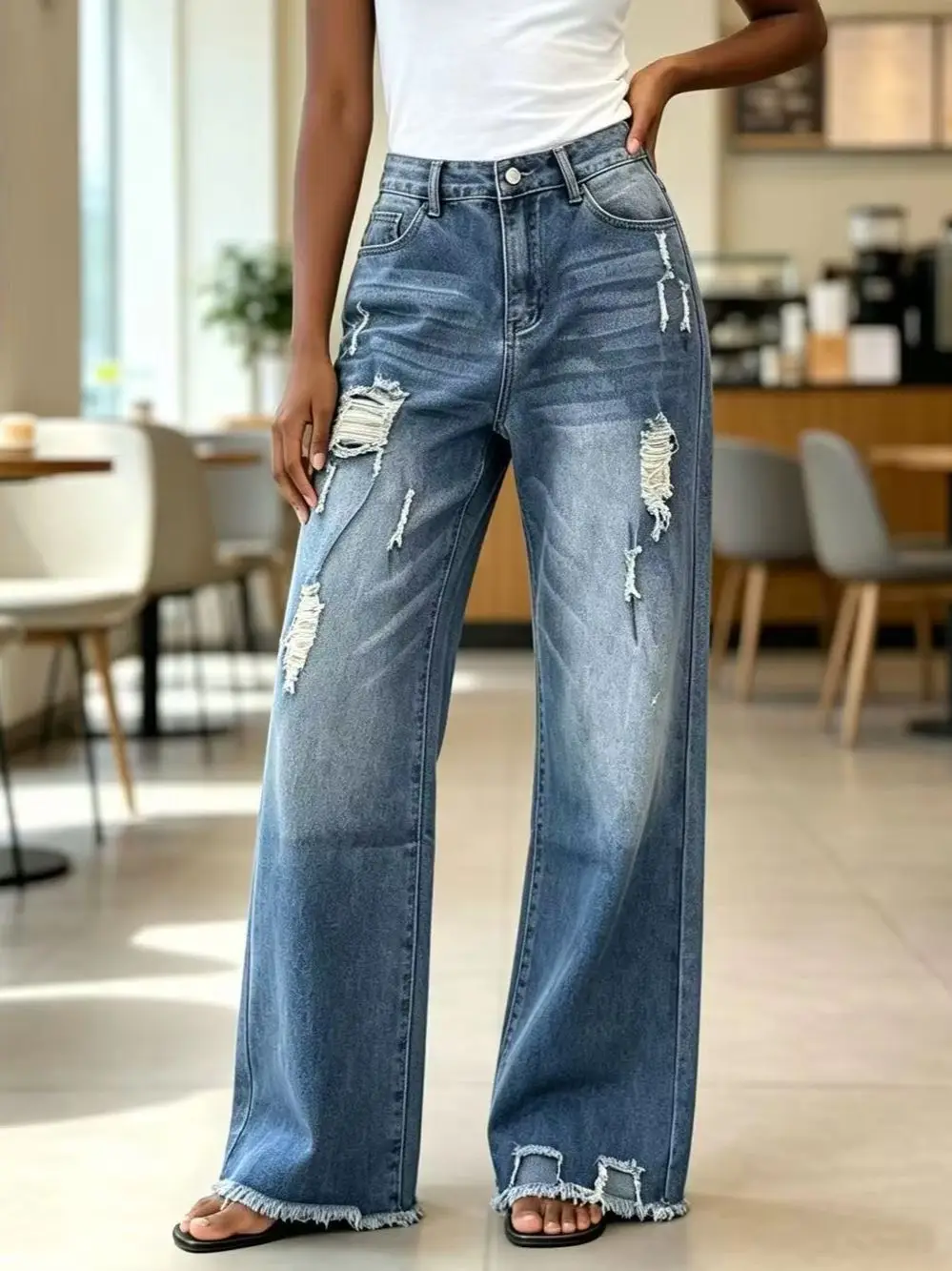 Women Spring Autumn Medium Blue High Waist Wide Leg Jeans Ripped Distressed Frayed Hem Loose Draping Height Friendly Long Pants