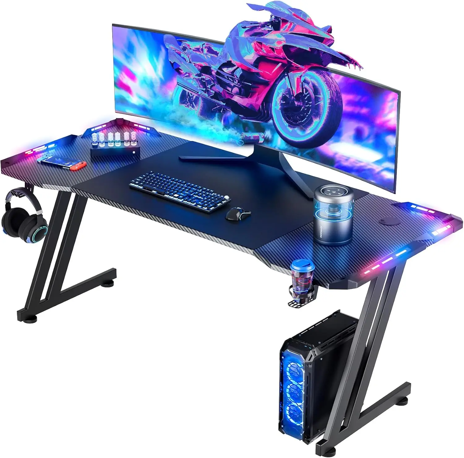 63 Inch Gaming Desk with LED Lights Carbon Fibre Surface Gaming Table Large Computer Desk Ergonomic Home Office Desks