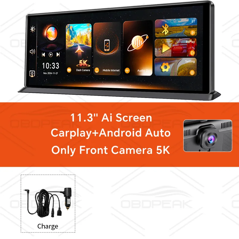 OBDPEAK K8 Pro Voor 5K Achter 1080P Dash Cam Camera 11,3 "Touch Ai Scherm Carplay & Android Auto GPS Navigatie Nachtzicht DVR