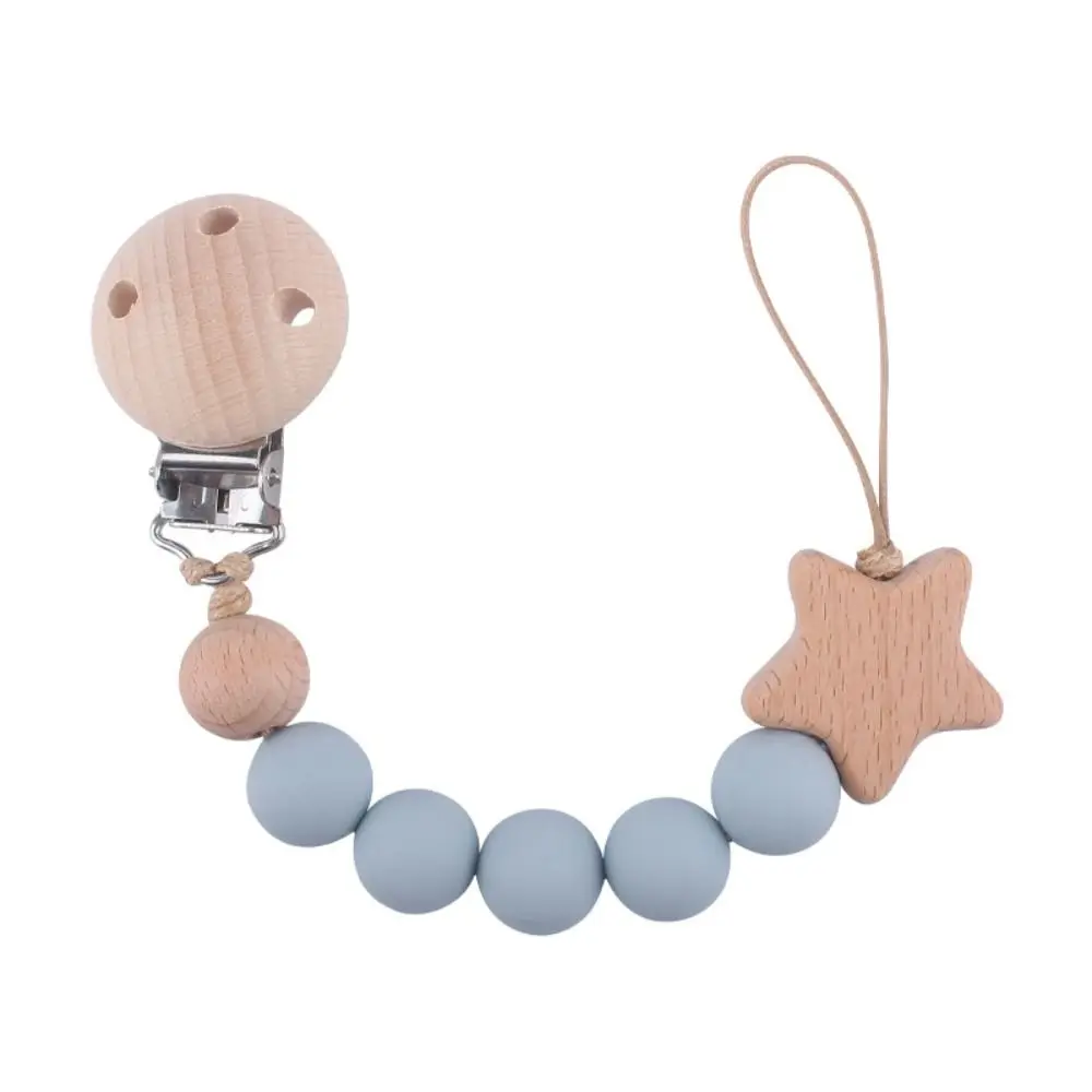 

Dummy Clips Pacifier Holder Clips Star Soother Holder Baby Pacifier Chain Wood Nipple Holder Clips Baby Teether Toys Straps