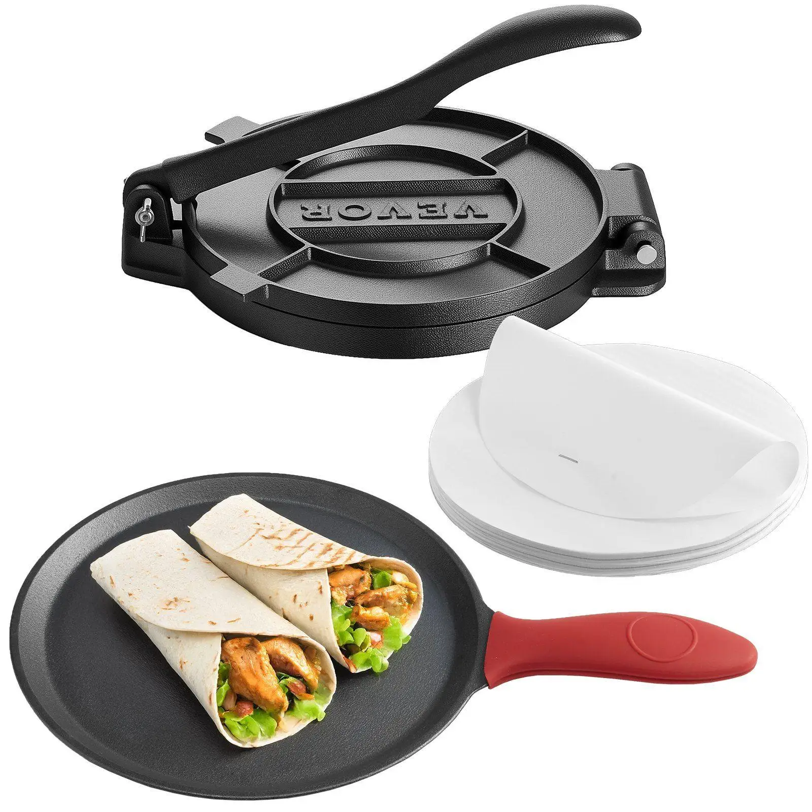 

10in Cast Iron Tortilla Press Set Heavy Duty Manual Presser with 10.5in Non-Stick Pan for Homemade Roti Chapati Easily