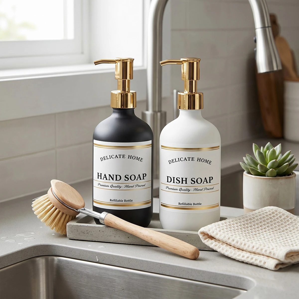 Küchen-Seifenspender-Set - Mattschwarze und Weiße Kunststoff Hand- & Spülmittelspender - 16oz Nachfüllbare Flaschen mit Goldpumpen