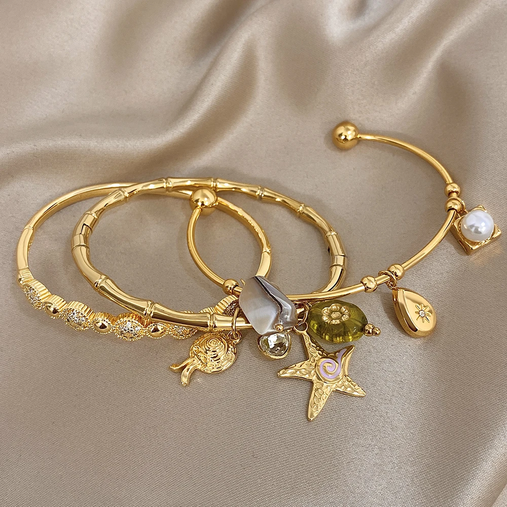Greatera Shell Piece Bracelet Spherical Rhinestone Large Small Intervals Ocean-style Bamboo-joint Starfish Pendant Cuff Bangle