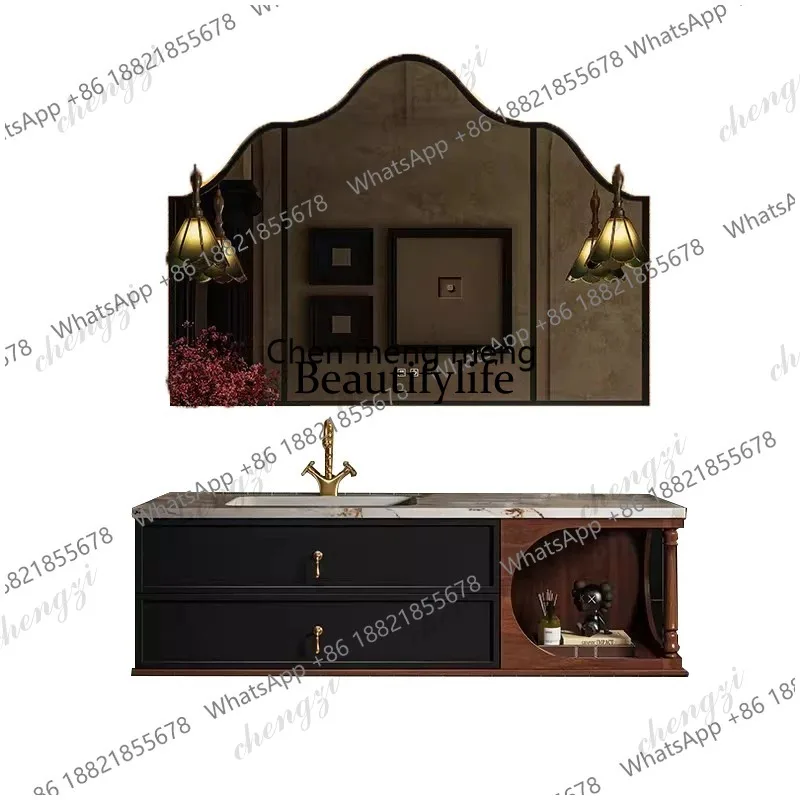 03 French Retro Solid Oak Lacquered Bathroom Wall Cabinet Luxury Light Sink Vanity Toilet Basin Washbasin Home Decor